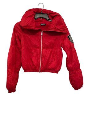 Bebe Sport Womens Red Hooded Puffer Jacket Size S With Patch
